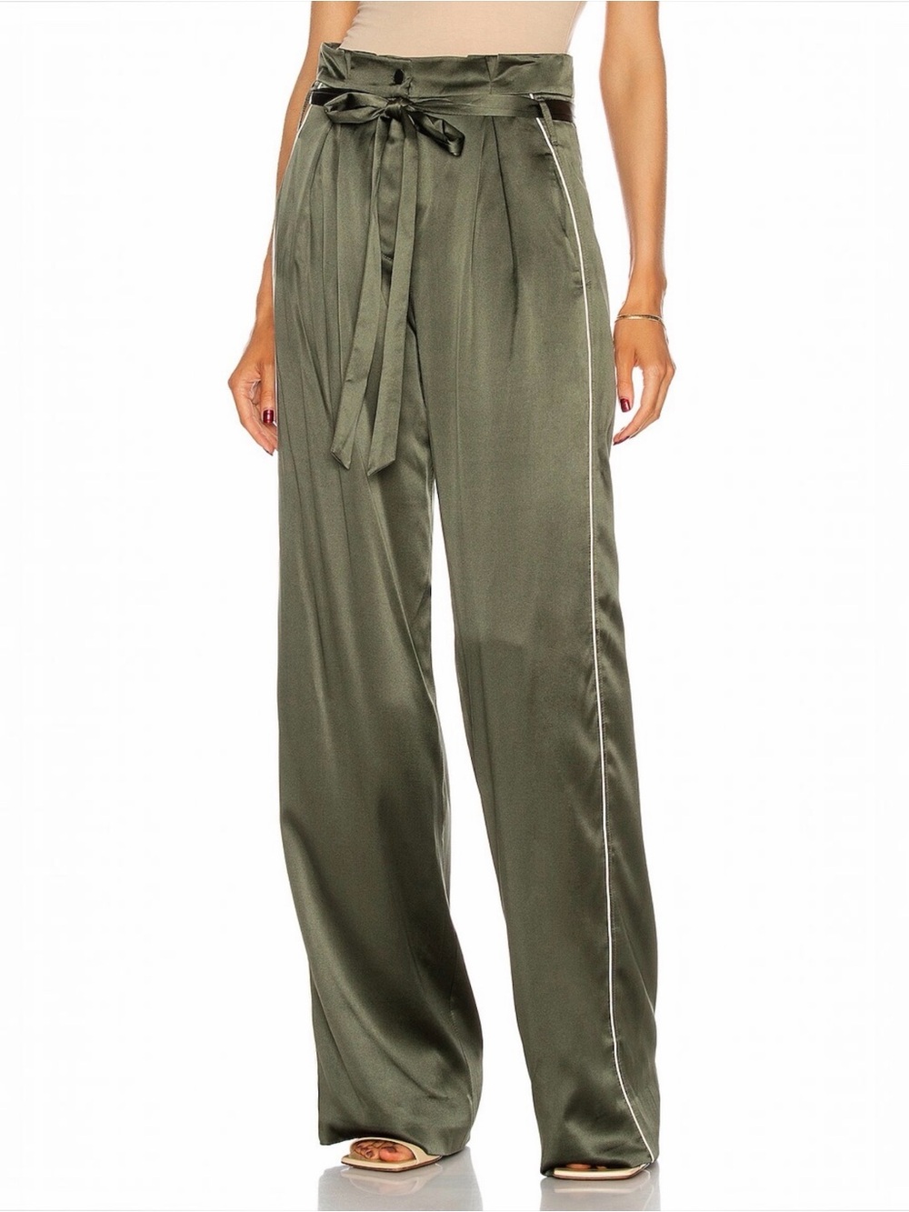 JONATHAN SIMKAI • Arlet Charmeuse Wide Leg Pant in Army Green